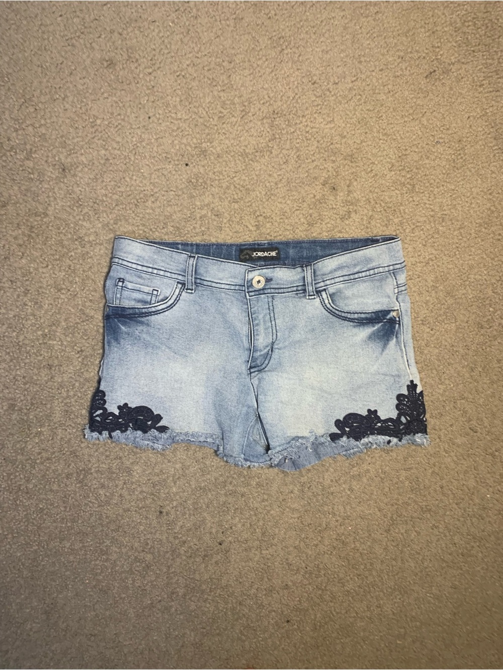Jordache Light Wash Denim Shorts with Black Lace Appliqué